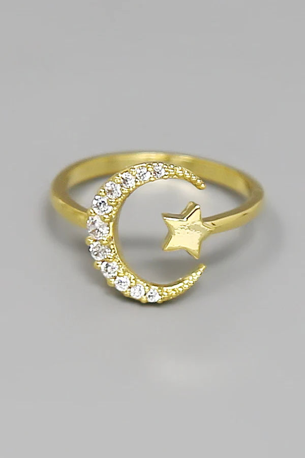 Crescent Moon and Star Pave Ring - Choose Color