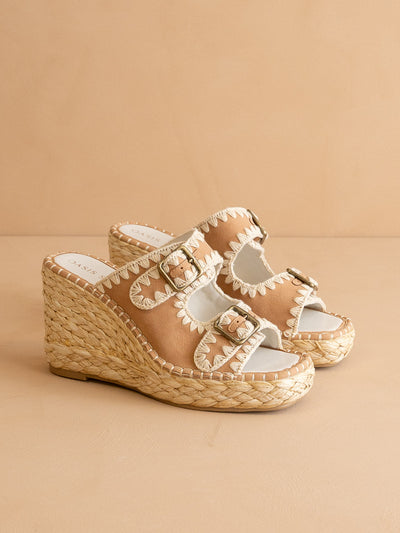 Explore More Collection - The Rae | Camel Embroidered Espadrille Wedges With Double Buckle Straps