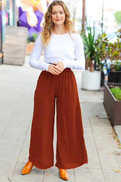 Explore More Collection - Relaxed Fun Rust Smocked Waist Palazzo Pants