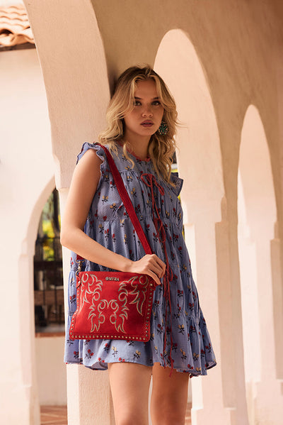 Explore More Collection - Texas Rose Western Embroidered Leather Bag in Scarlet Red