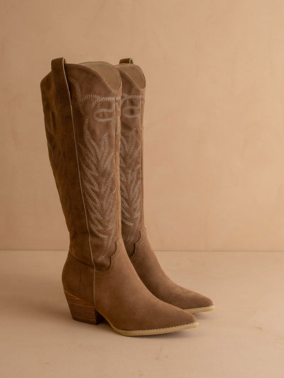 Explore More Collection - The Samara | Brown Embroidered Tall Cowgirl Boot