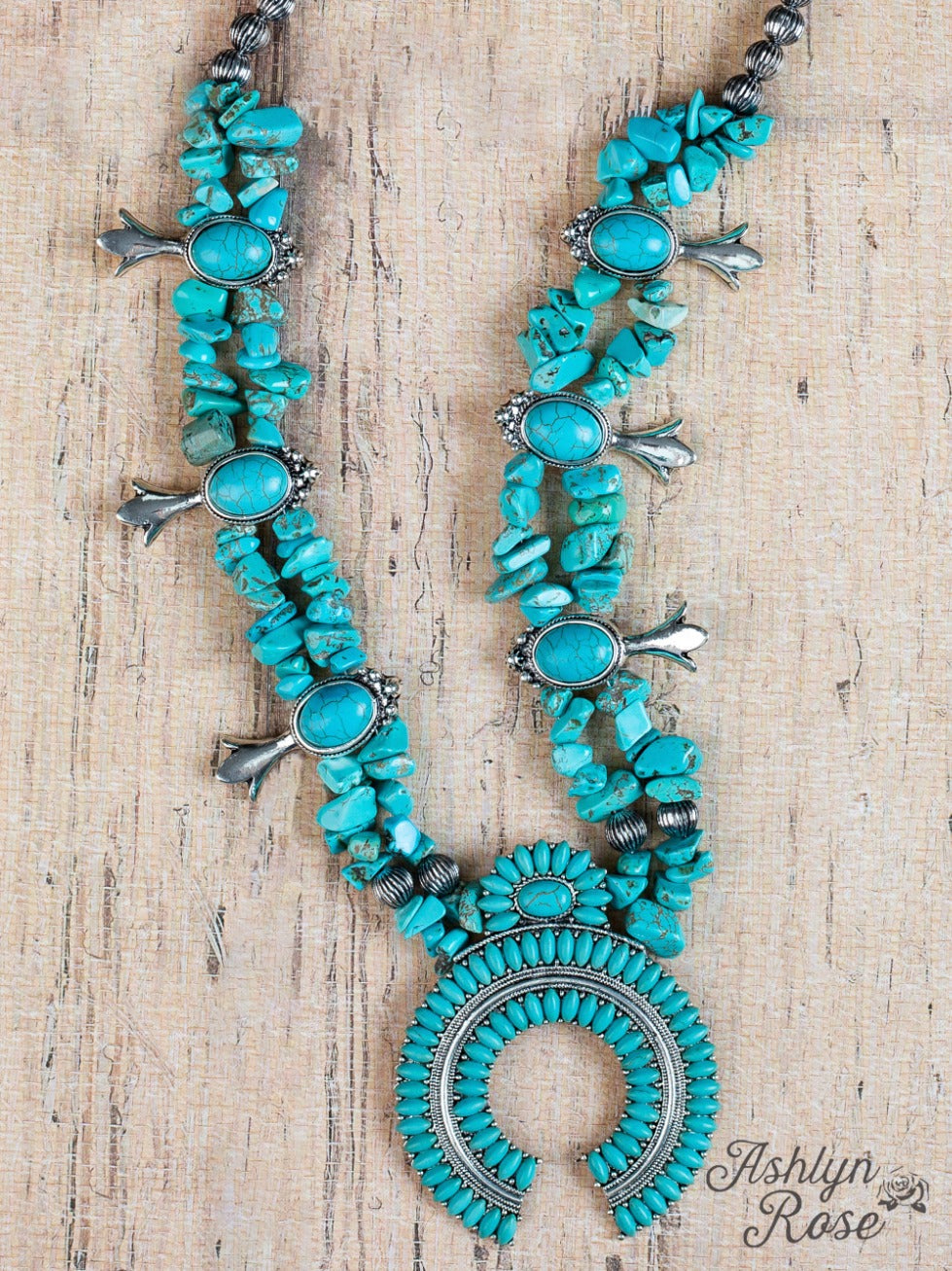 Explore More Collection - Turquoise Sun Flower Squash Blossom Necklace, Silver