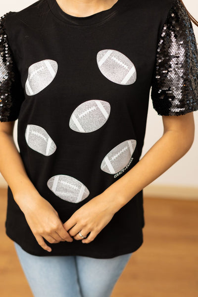 Explore More Collection - Glitter Football on Princess Top, Black