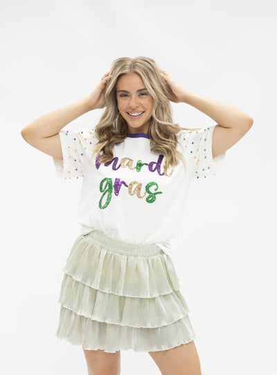 Sequin "Mardi Gras" on White Princess Top