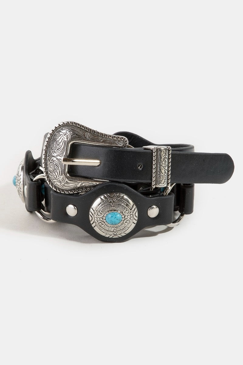 A Western Turquoise Concho Faux Leather Link Chain Belt - Color Choice