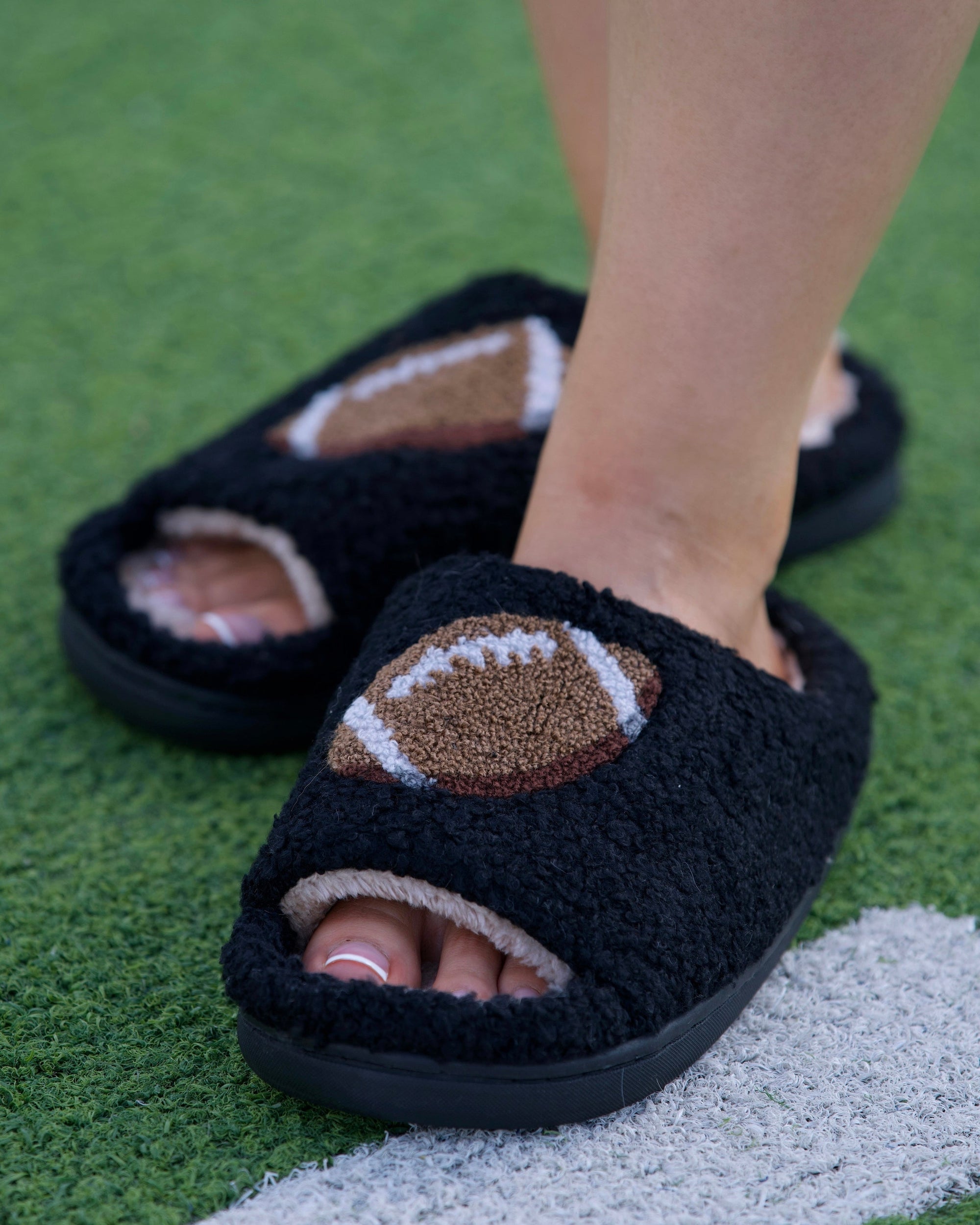 Explore More Collection - Black Cozy Plush Open Toe Football Slippers