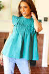 Explore More Collection - Love Life Cotton Turquoise Frill Mock Neck Flutter Sleeve Top