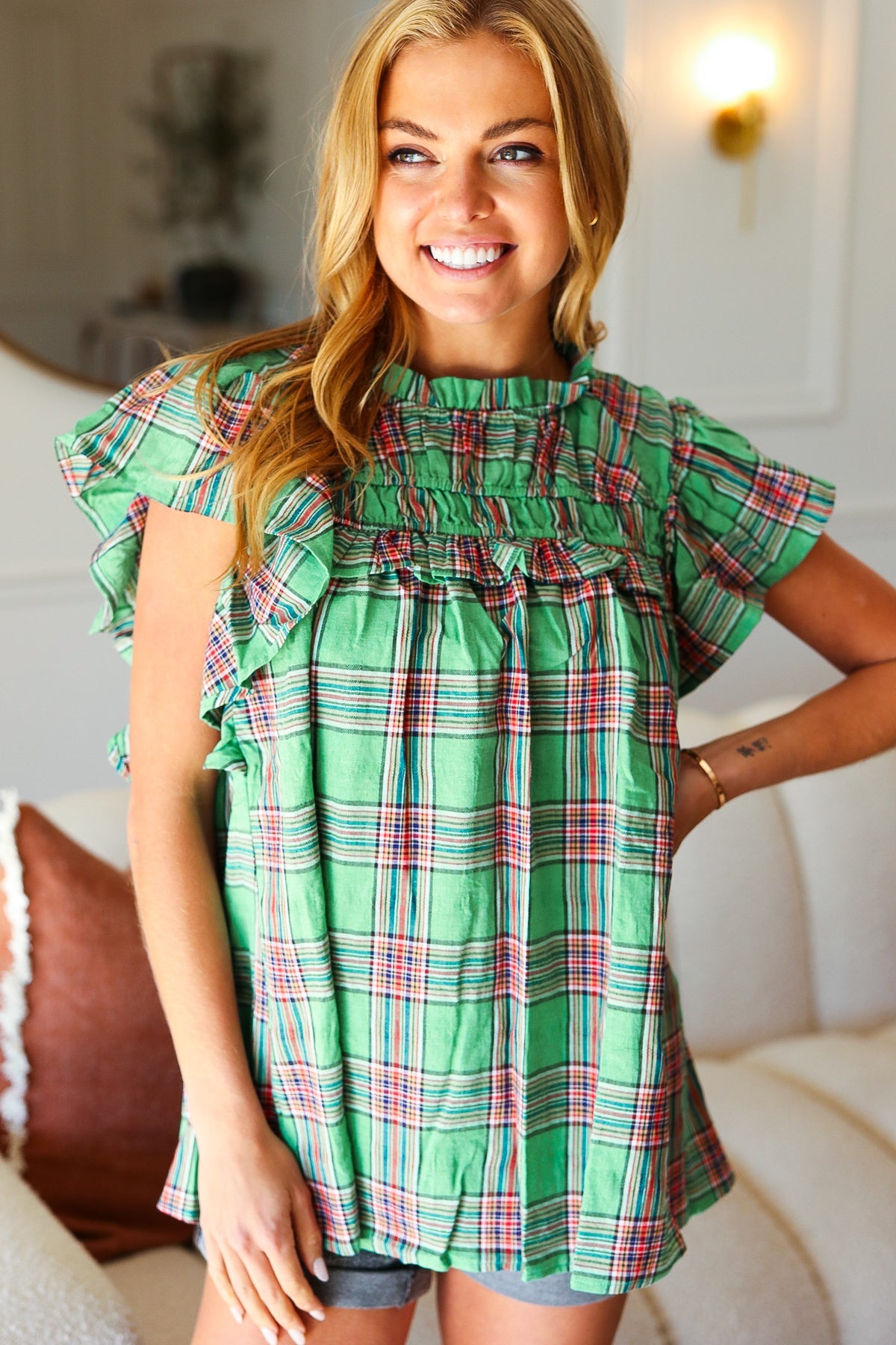 Explore More Collection - Green Plaid Shirred Yoke Flutter Sleeve Top