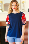 Explore More Collection - Holiday Stand-Out Navy Patriotic Patchwork Puff Sleeve Top