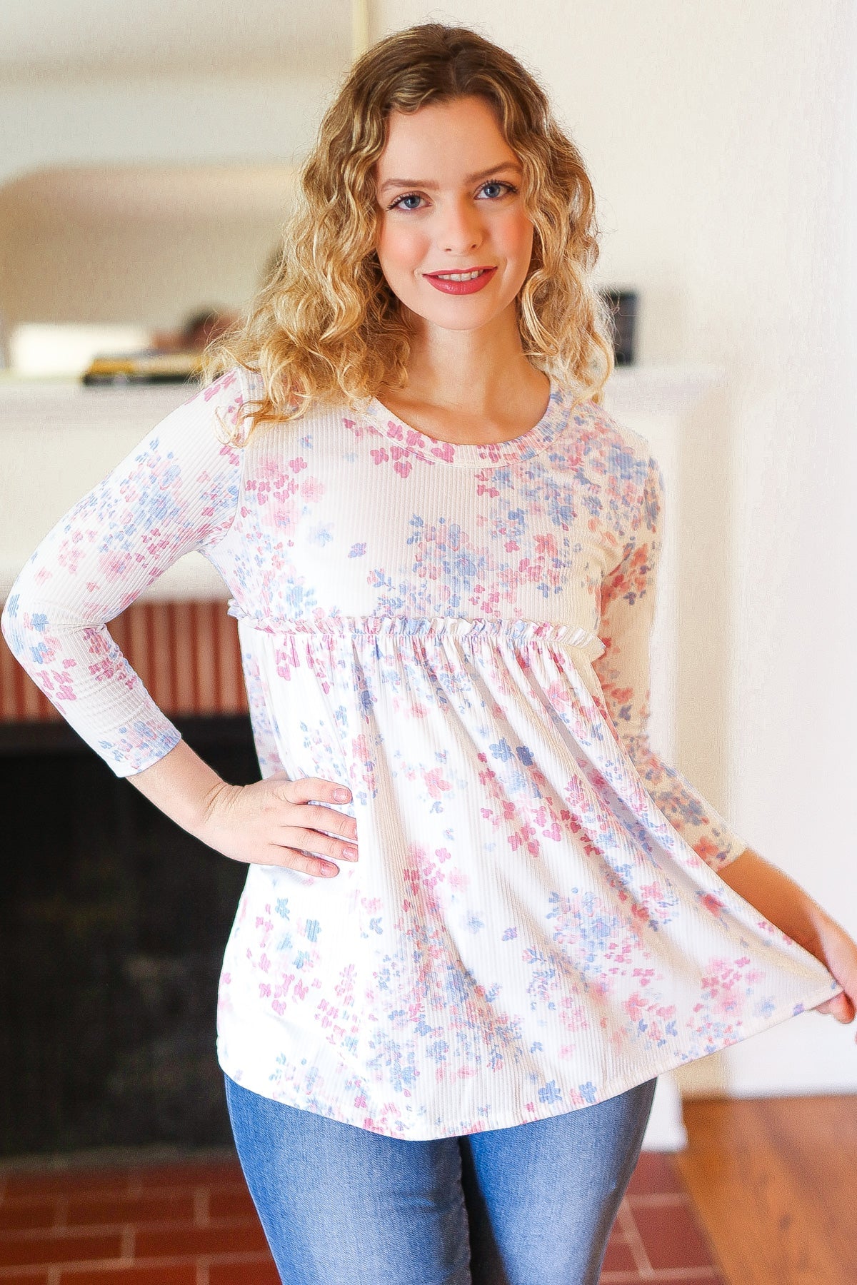 Explore More Collection - Feeling Fun Blue & Pink Floral Ribbed Babydoll Ruffle Top