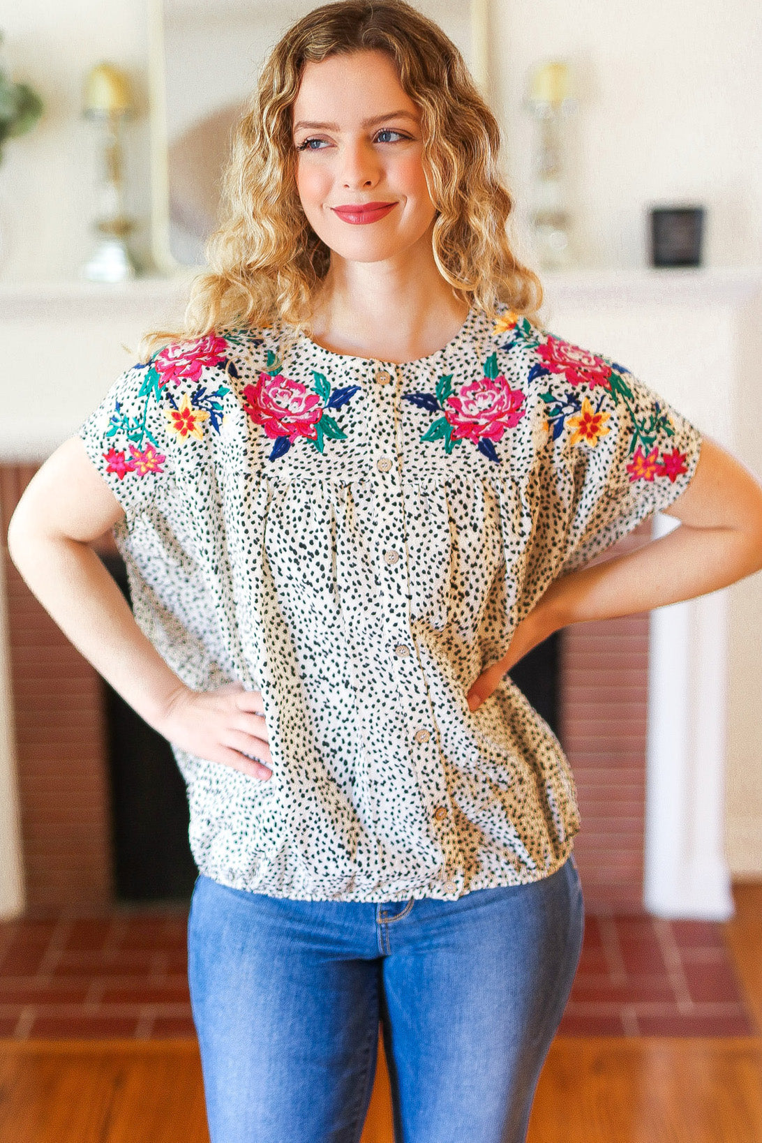 Explore More Collection - Perfectly Poised Ivory Animal Print Floral Embroidery Button Down Top