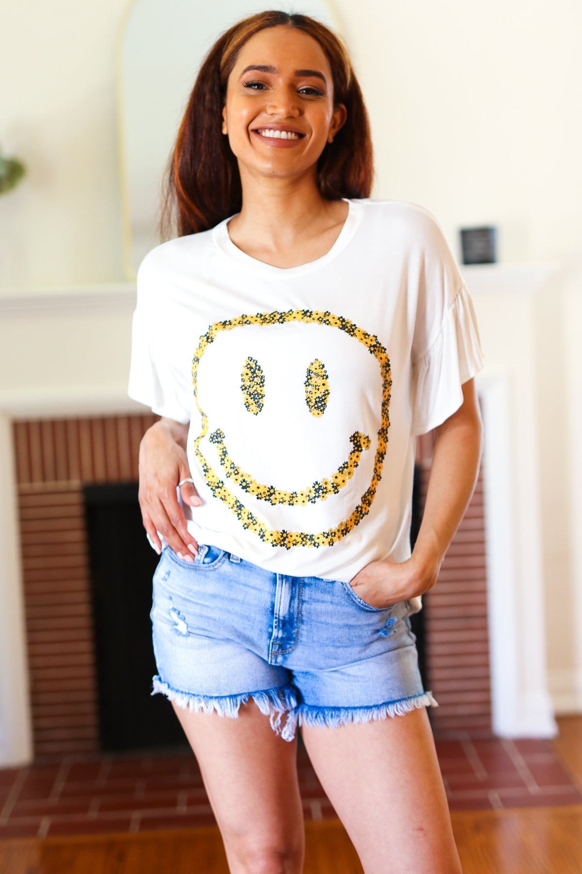 Explore More Collection - Live For Today White Floral Smiley Face Flutter Sleeve Tee