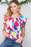Explore More Collection - Multicolor Geometric Print Layered Ruffle Sleeve Top
