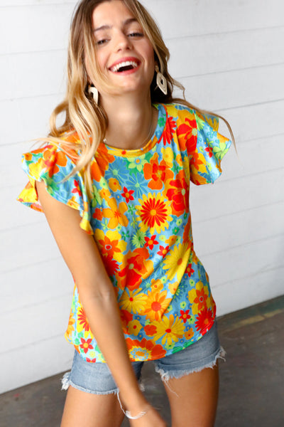 Explore More Collection - Yellow & Red Floral Flutter Sleeve Top