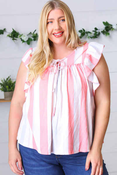Explore More Collection - Coral & Light Blue Stripe Waffle Tie Neck Top
