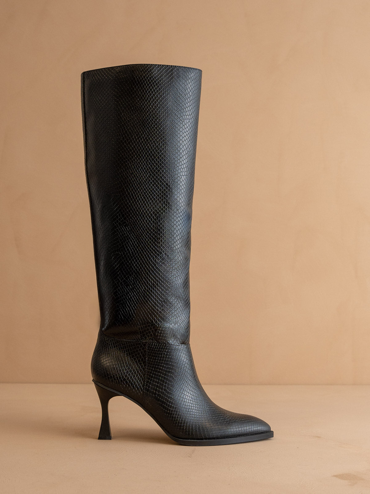 Explore More Collection - The Vanessa | Black Reptile Print Knee High Boot