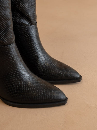 Explore More Collection - The Vanessa | Black Reptile Print Knee High Boot