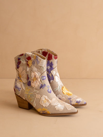 Explore More Collection - The Wanda | Taupe Floral Appliqué Western Boot