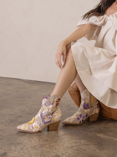 Explore More Collection - The Wanda | Taupe Floral Appliqué Western Boot