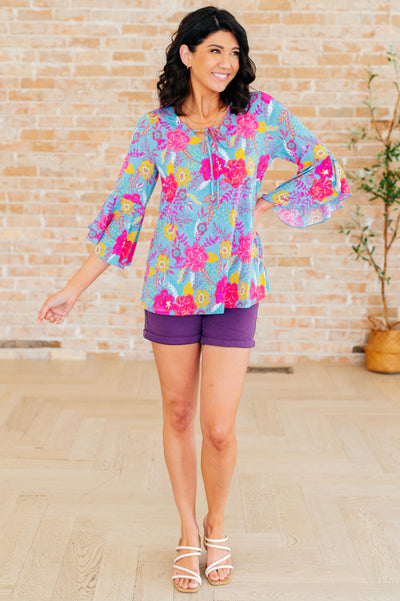 Explore More Collection - Willow Bell Sleeve Top in Bright Blue Floral