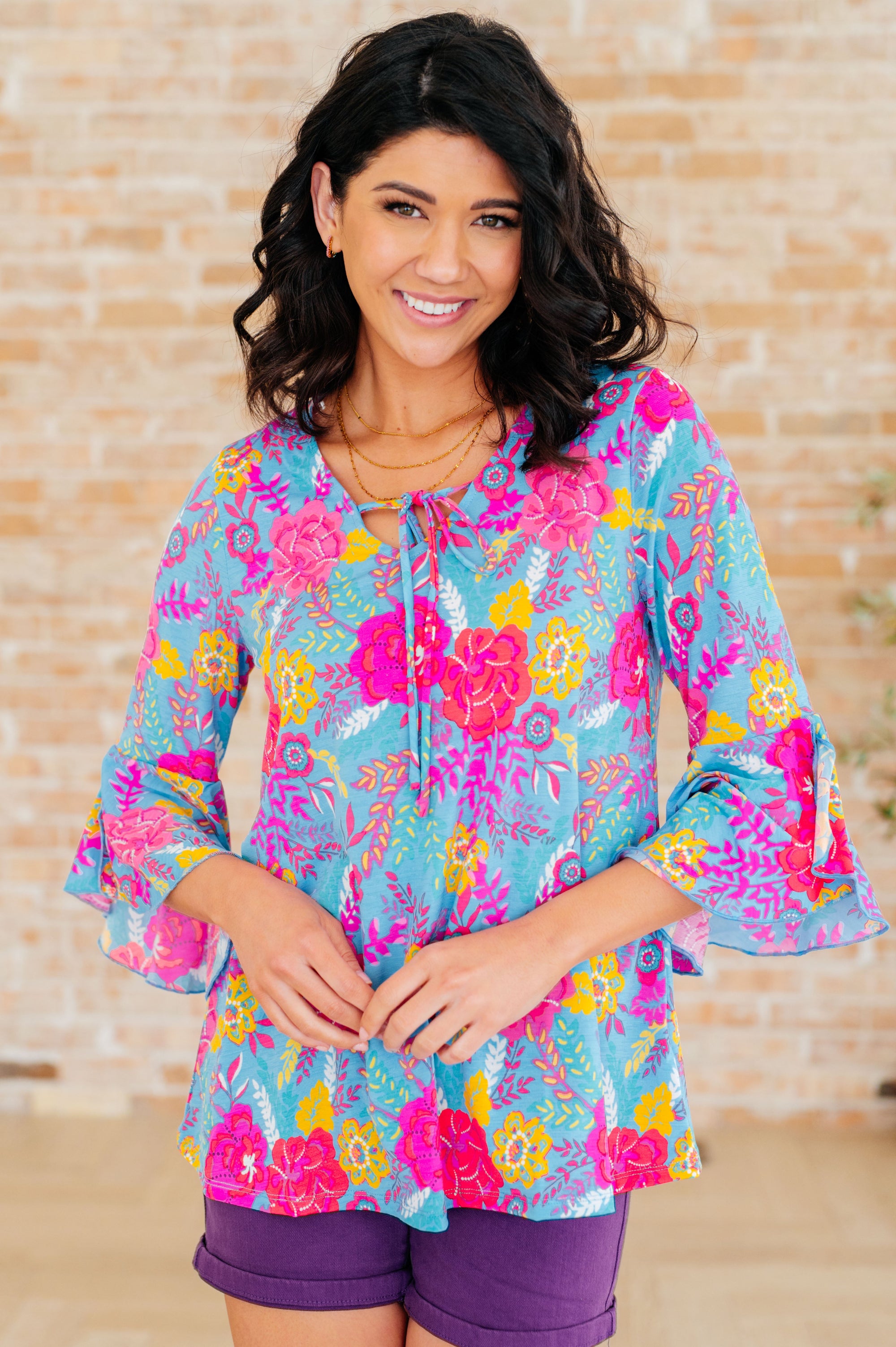 Explore More Collection - Willow Bell Sleeve Top in Bright Blue Floral
