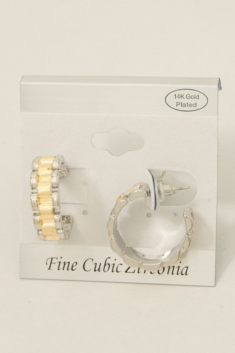 Aster - A Gold Platted Two Tone Watch Chain Hoop Earrings