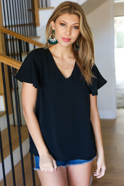 Explore More Collection - Black Flutter Sleeve V Neck Top