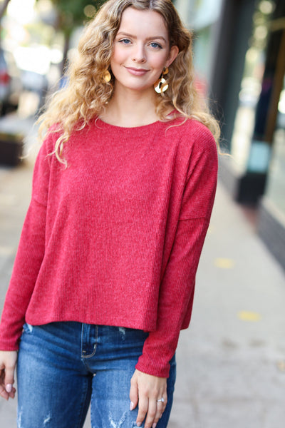 Explore More Collection - Stay Awhile Red Ribbed Dolman Cropped Sweater