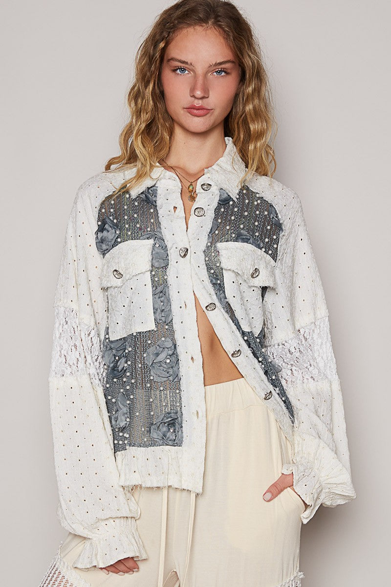 Explore More Collection - POL Eyelet Flower Pearl Detail Lace Patchwork Shirt