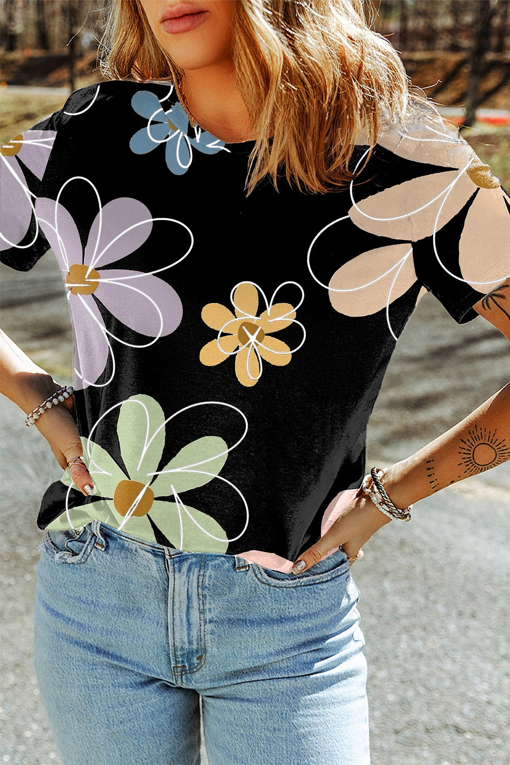 Explore More Collection - Flower Round Neck Short Sleeve T-Shirt