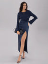 Explore More Collection - Split Round Neck Long Sleeve Midi Dress