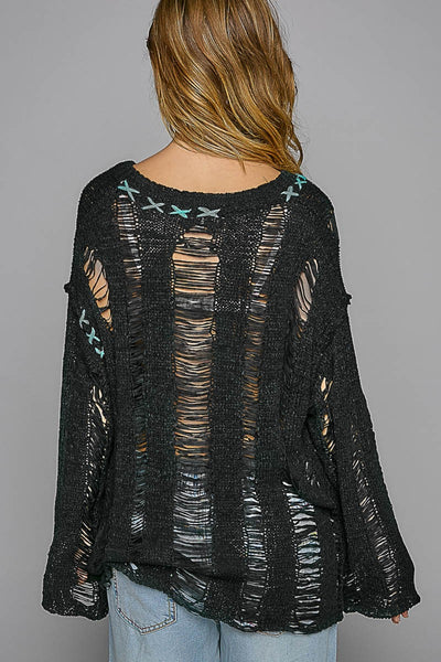 Explore More Collection - POL Distressed Dropped Shoulder Long Sleeve Knit Top