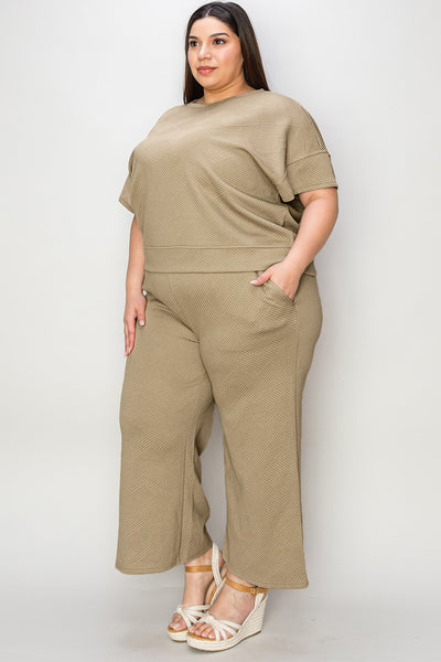 Explore More Collection - Double Take Full Size Texture Short Sleeve Top and Pants Set