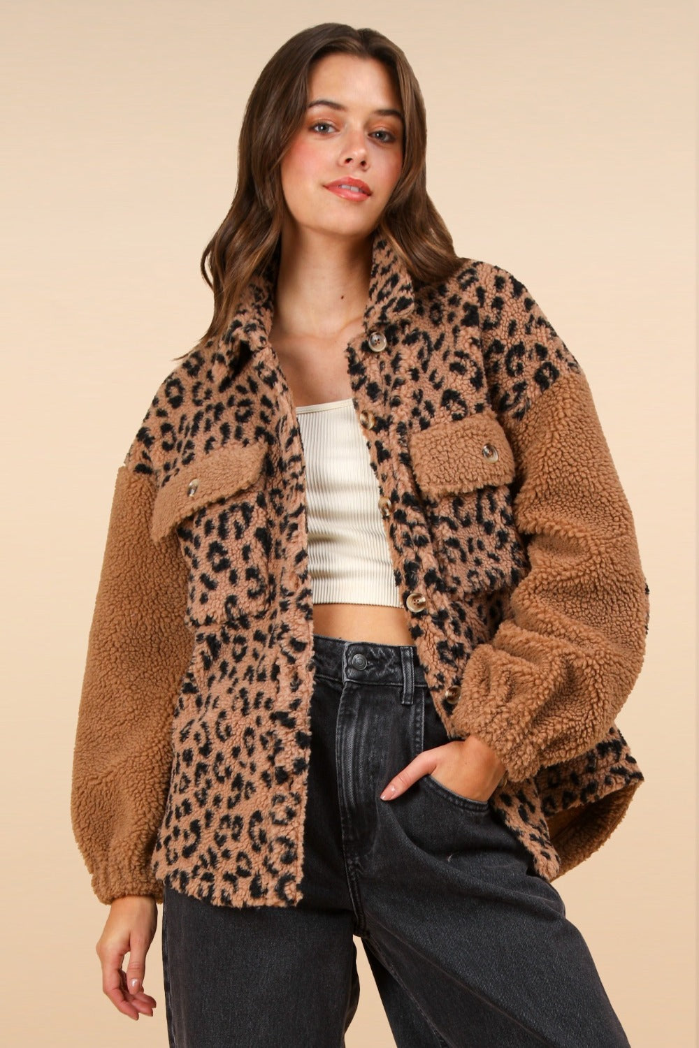 Explore More Collection - Fuzzy Leopard Button Down Long Sleeve Jacket