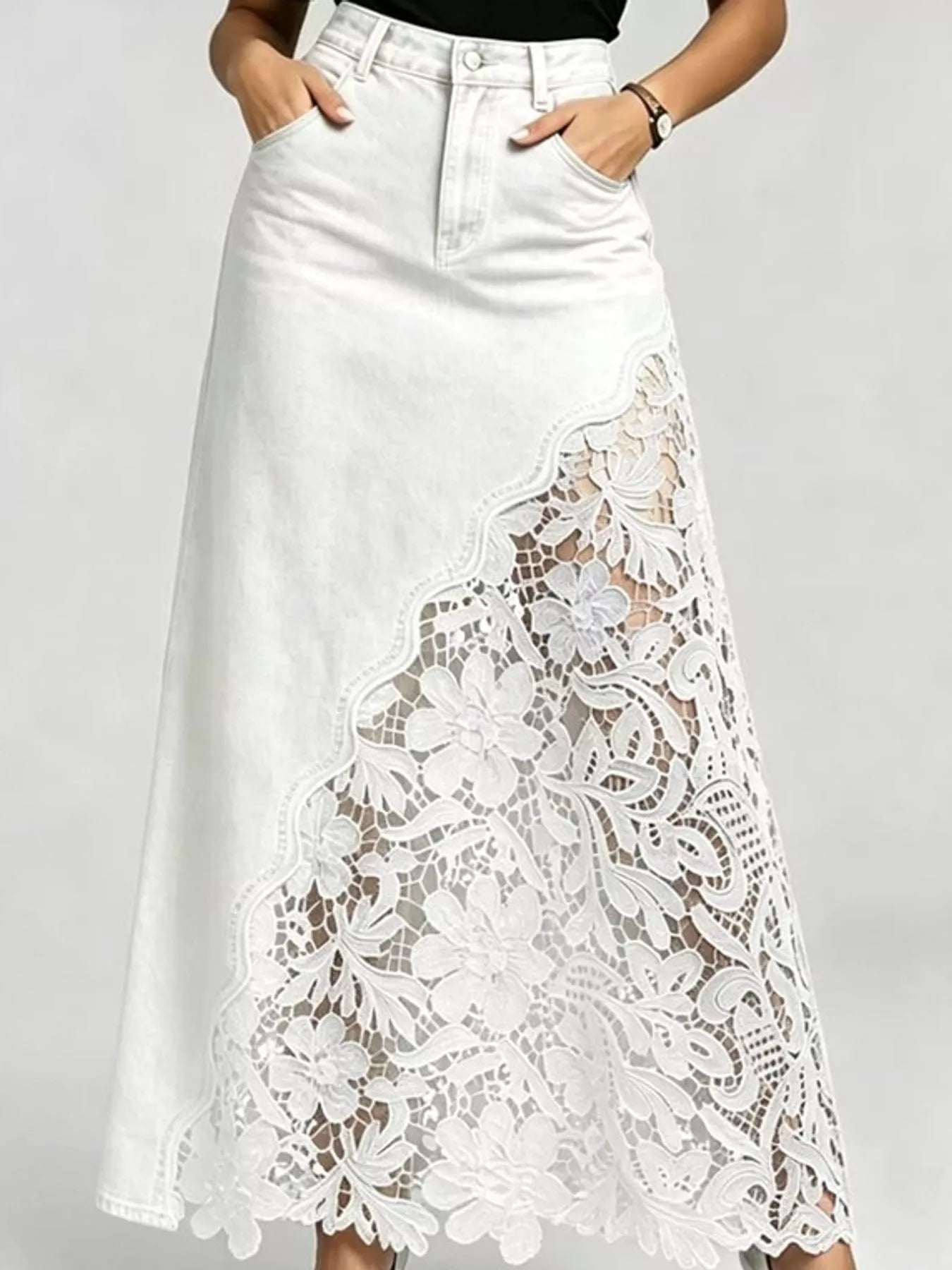 Full Size High-Waisted Lace Denim Skirt Plus Size