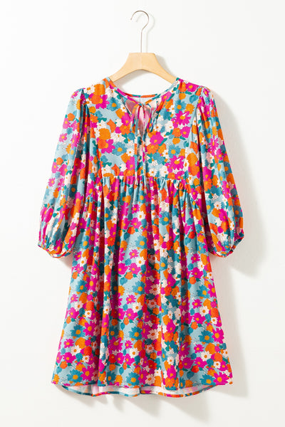 Explore More Collection - Floral Tie Neck Puff Sleeve Mini Dress