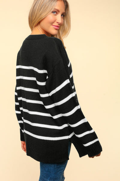 Explore More Collection - Haptics Full Size Striped Contrast Side Slit Sweater