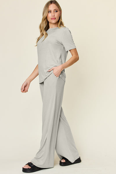 Explore More Collection - Double Take Full Size Round Neck Short Sleeve T-Shirt and Wide Leg Pants Set