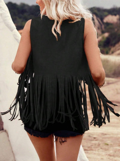 Explore More Collection - Fringe Studded Open Front Vest Coat