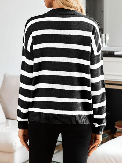 Explore More Collection - Many Striped Johnny Collar Long Sleeve Sweater