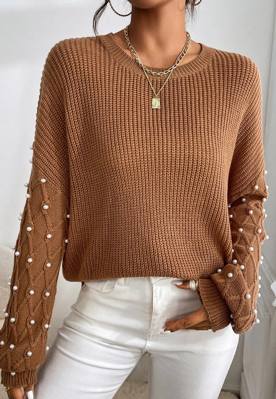 Explore More Collection - Pearl Detail Round Neck Long Sleeve Sweater