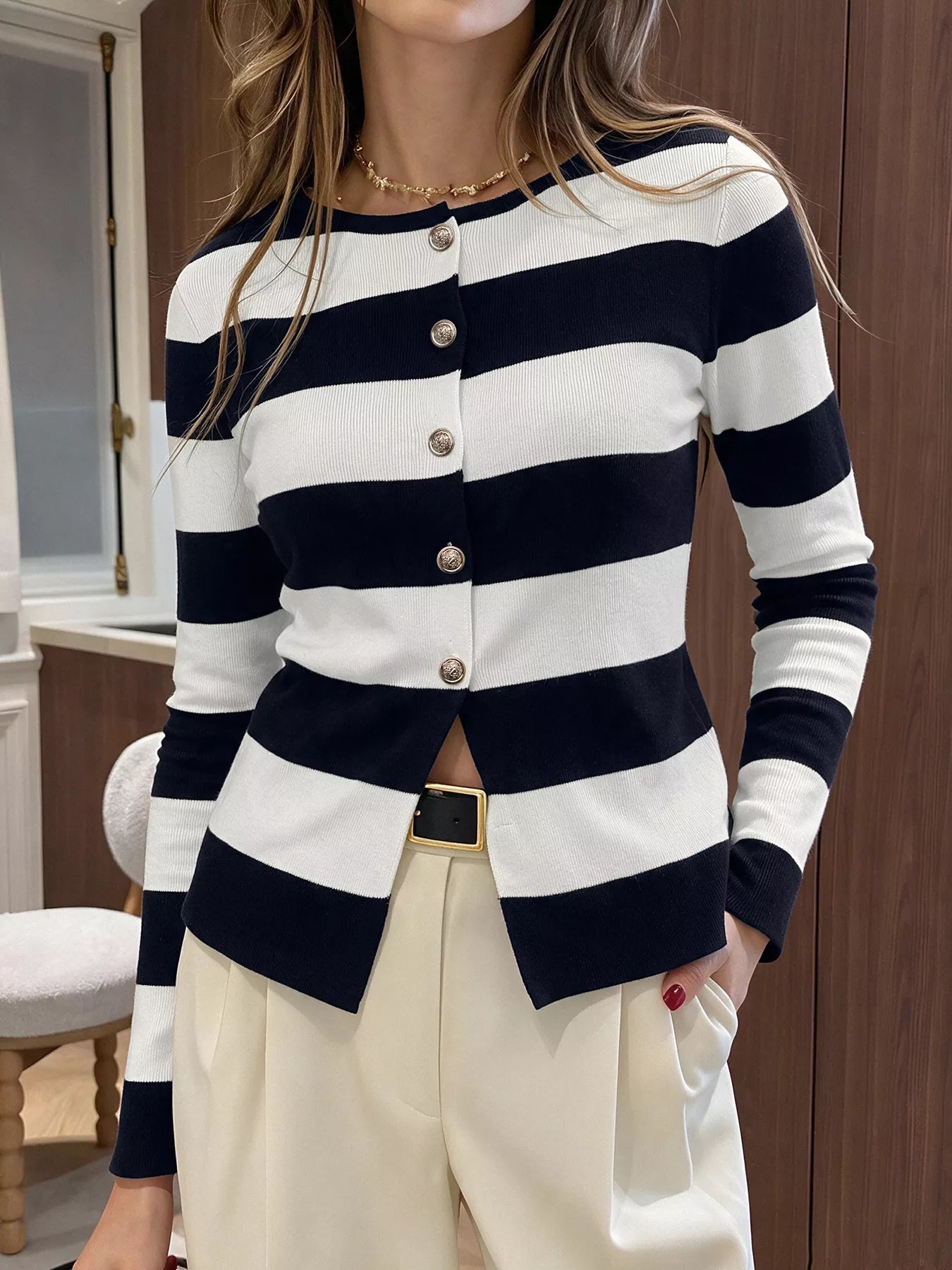 Striped Button-Down Knit Cardigan