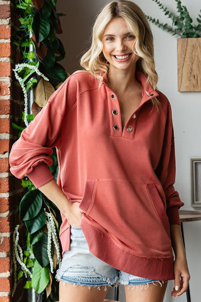 Explore More Collection - First Love Grommet Split Neck Kangaroo Pocket Sweatshirt