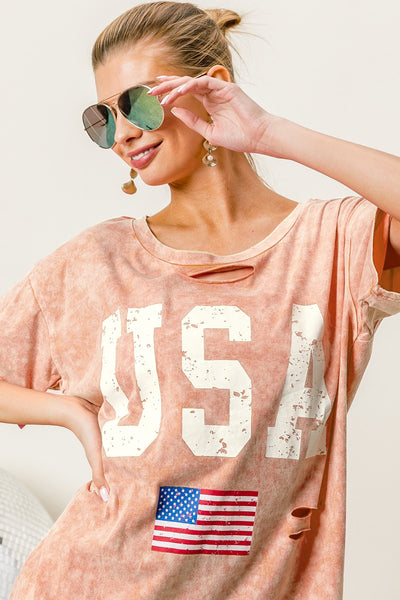 Explore More Collection - BiBi Washed American Flag Graphic Distressed T-Shirt