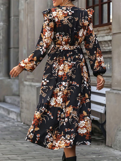 Explore More Collection - Ruffled Printed Surplice Long Sleeve Midi Dress