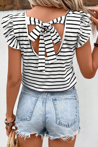 Explore More Collection - Tied Striped V-Neck Cap Sleeve T-Shirt