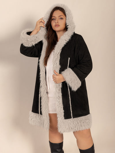 Explore More Collection - Plus Size Fuzzy Trim Open Front Long Sleeve Hooded Coat