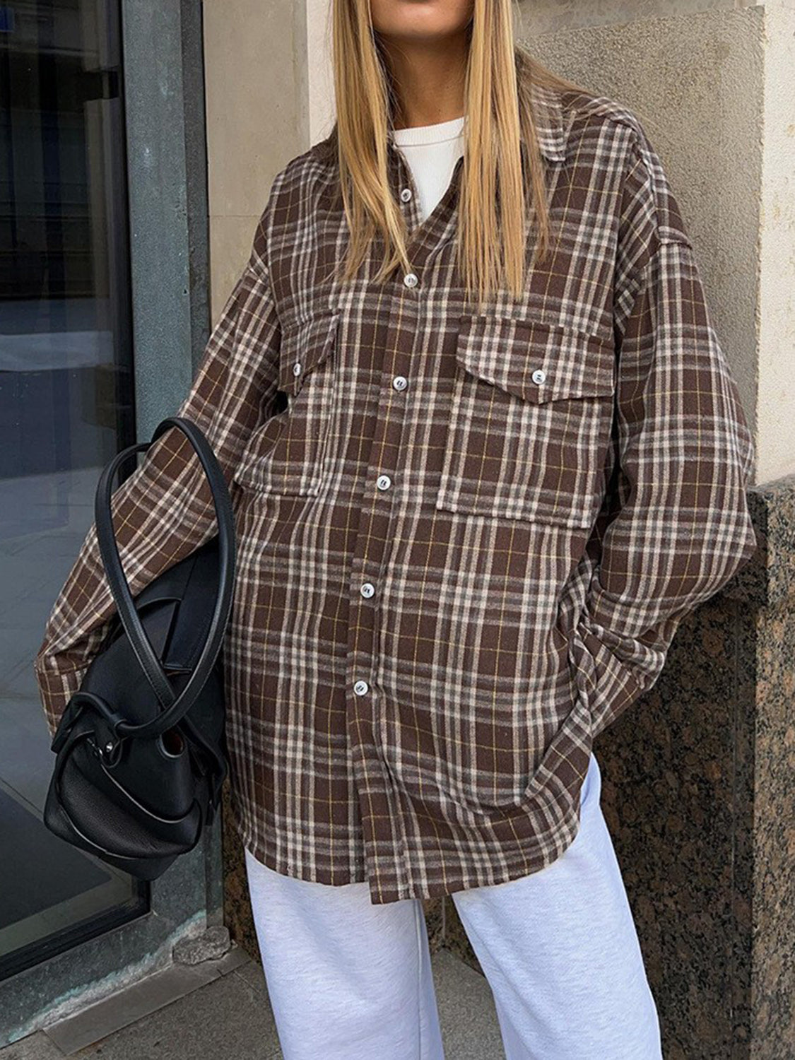 Explore More Collection - Pocketed Plaid Button Up Shacket