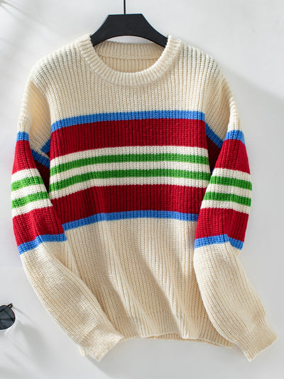 Explore More Collection - Contrast Stripes Round Neck Long Sleeve Sweater