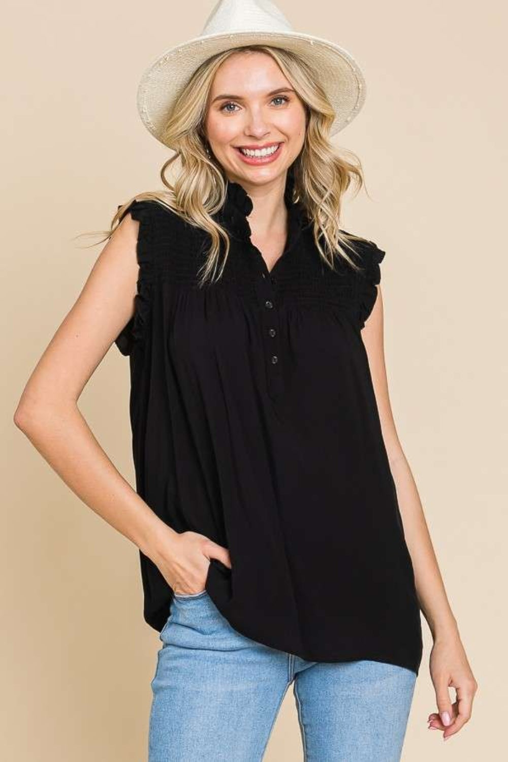 Explore More Collection - Culture Code Full Size Frill Edge Smocked Sleeveless Top